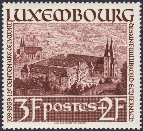 Luxemburgo, 1938, Abadía de Echternach, un monasterio benedictino. Diseño y grabado de Sem Hartz. Calcografía