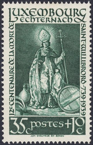 Luxemburgo, 1938, Retrato de San Willibrord como obispo de Utrecht. Diseño y grabado de Sem Hartz. Calcografía