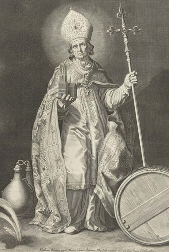 El santo Willibrordus con la Torre Dom de Utrecht, grabado por Cornelis Bloemaert en 1630, 47 x 29.5 cm