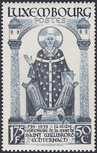 Luxemburgo, 1938, Retrato de San Willibrord, a partir de una miniatura. Diseño y grabado de Sem Hartz. Calcografía