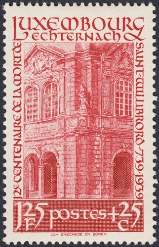Luxemburgo, 1938, Pabellón del parque de la Abadía de Echternach. Diseño y grabado de Sem Hartz. Calcografía