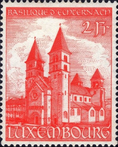 Luxemburgo, 1953, Basílica de la Abadía de Echternach, uno de los dos sellos de esta emisión diseñada y grabada por Sem Hartz y Pieter Wetselaar. Calcografía (imagen procedente de engravedstamps.net)