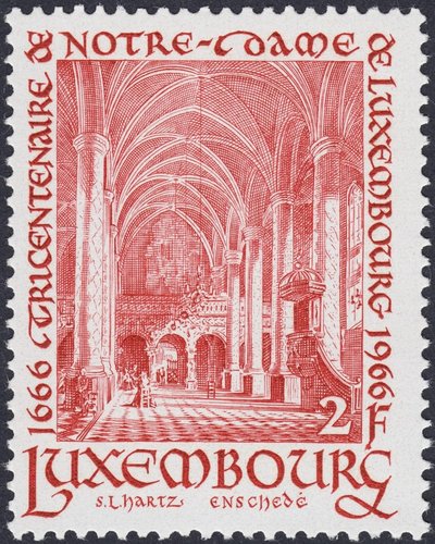 Luxemburgo, 1966, 300 aniversario de la proclamación de la Virgen María como patrona de la ciudad de Luxemburgo. Interior de la Catedral de Nuestra Señora de Luxemburgo. Diseño y grabado de Sem Hartz. Calcografía