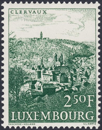 Luxemburgo, 1961, vista de Clervaux. Diseño y grabado de Sem Hartz. Calcografía