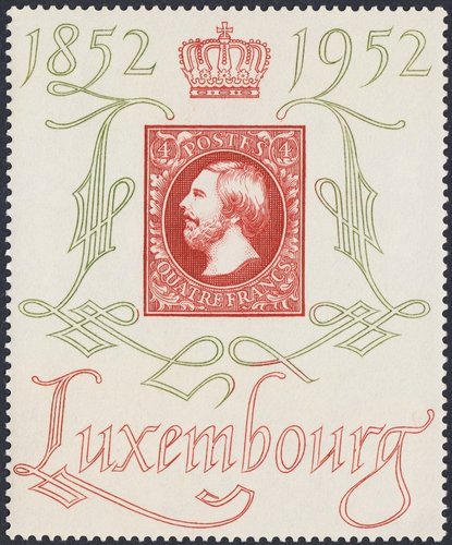 Luxemburgo, 1952, Centenario del primer sello luxemburgués, 1852-1952. Diseño y grabado de Sem Hartz. Calcografía
