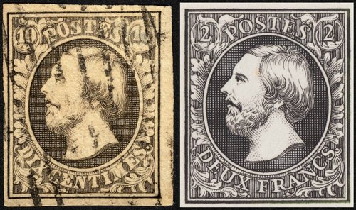 Comparación entre el sello clásico de 1852 y la recreación a buril de Hartz para la emisión de 1952