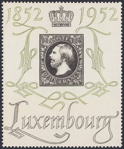 Luxemburgo, 1952, Centenario del primer sello luxemburgués, 1852-1952. Diseño y grabado de Sem Hartz. Calcografía