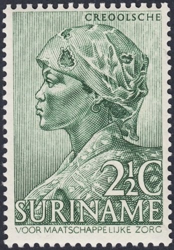 Surinam, 1940,  Mujer criolla. Diseño y grabado de Sem Hartz. Calcografía