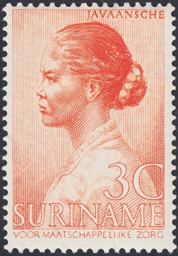 Surinam, 1940, Mujer javanesa. Diseño y grabado de Sem Hartz. Calcografía