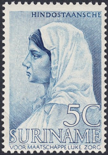 Surinam, 1940, Mujer indostánica. Diseño y grabado de Sem Hartz. Calcografía