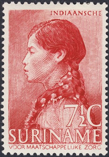 Surinam, 1940, Mujer india americana. Diseño y grabado de Sem Hartz. Calcografía