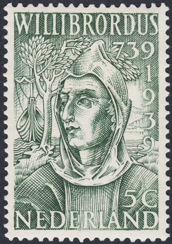 Países Bajos, 1939,  XII centenario de la muerte de San Willibrord. Viñeta que representa a Willibrord joven, a su llegada a tierras neerlandesas. Diseño y grabado de Hubert Levigne. Calcografía