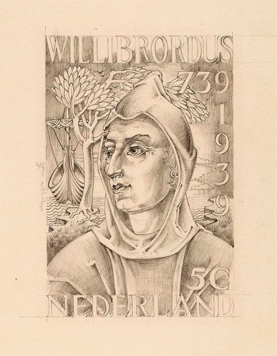 Boceto definitivo a lápiz y tinta para el sello de San Willibrord joven, 20.7 x 19.1 cm