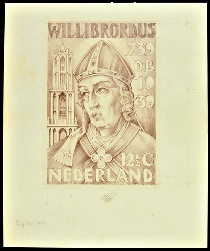 Diseño casi final de Levigne para el otro sello de la emisión. Lápiz y tinta, 29.1 x 20.8 cm