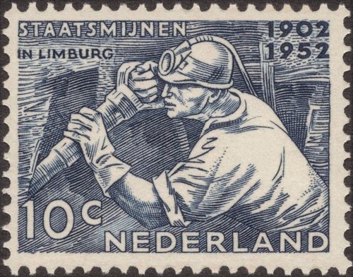 Países Bajos, 1952, 50 años de la explotación de las minas estatales en Limburg. Diseño y grabado de Hubert Levigne. Calcografía