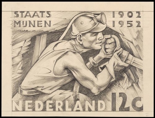 Uno de los diseños preliminares de Hubert Levigne para el sello de la minería de 1952