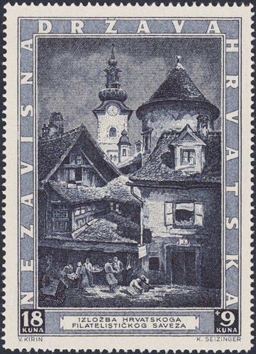 Croacia, 1943, Exhibición Filatélica Croata, Iglesia de Santa María de Zagreb y mercado de Dolac, según el óleo de Vladimir Kirin. Grabado de Karl Seizinger. Calcografía
