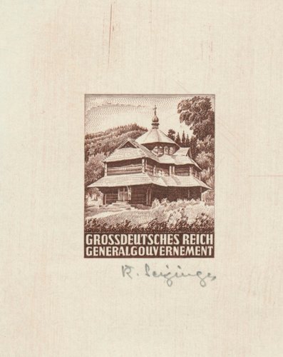 Prueba de grabado de Seizinger, que llegó a incidir el diseño anterior para una emisión del Generalgouvernement (Polonia) prevista para finales de 1944