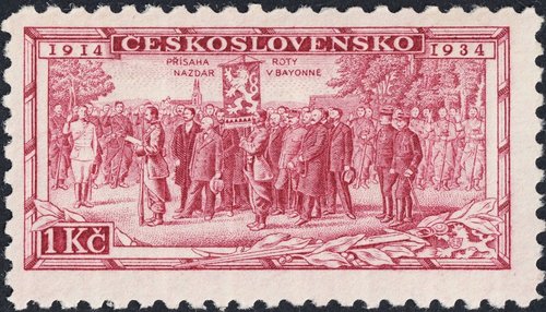 Checoslovaquia, 1934, XX Aniversario de las Legiones checoslovacas, Juramento de la compañía &quot;Rota Nazdar&quot; en Bayona. Diseño de Václav Fiala y grabado de Karl Seizinger. Calcografía