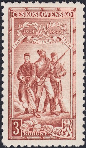 Checoslovaquia, 1934, XX Aniversario de las Legiones checoslovacas, voluntarios uniformados en Francia, Rusia y Serbia. Diseño de Václav Fiala y grabado de Karl Seizinger. Calcografía