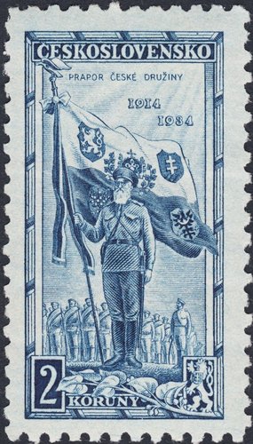 Checoslovaquia, 1934, XX Aniversario de las Legiones checoslovacas, Jaroslav Heyduk, abanderado de la compañía “Družina”, creada en Rusia en 1914. Diseño de Václav Fiala y grabado de Karl Seizinger. Calcografía