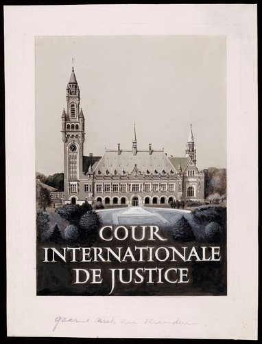 Diseño final de Sem Hartz para la emisión de la Corte Internacional de Justicia. Acuarela y lápiz sobre cartulina, 18x14 cm