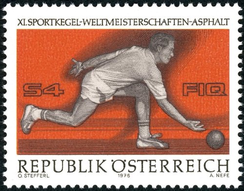 Austria, 1976, XI Campeonato Mundial de Bolos, Viena. Diseño de Otto Stefferl y grabado de Alfred Nefe. Calcografía y huecograbado