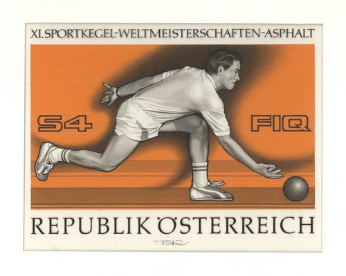 Diseño definitivo de Otto Stefferl para el sello de los mundiales de bolos de 1976. Pintura acrílica y lápiz sobre cartulina, 25.3 x 19.5 cm