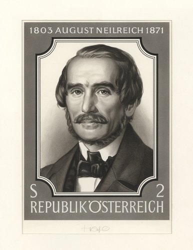 Diseño final de Otto Stefferl para el sello dedicado a August Neilreich en 1971. Pintura acrílica y lápiz sobre cartulina, 26 x 18.3 cm