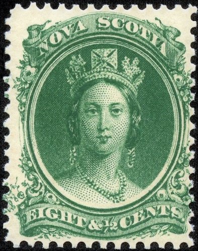 Nueva Escocia, 1860, uno de los valores de la serie. Retrato de la reina Victoria del Reino Unido grabado por Charles Burt, a partir del óleo de Franz Xaver Winterhalter (1843), que pintó también a nuestra Isabel II