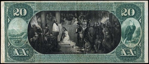 Reverso del billete de 20$, 1875, The First National Bank of Butte, Montana. Viñeta central grabada por Burt