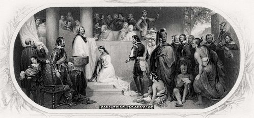 “El bautismo de  Pocahontas”,  grabado por Charles Burt para la American Bank Note Company y utilizado en el reverso de un billete norteamericano de 1875