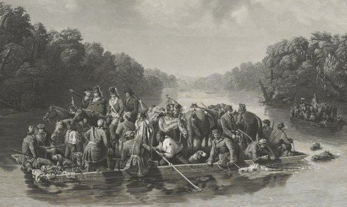 “Marion cruzando el Pee Dee”, de  William Tylee Ranney, grabada por Charles Burt ese mismo año de 1850, 30.5 x 20 cm