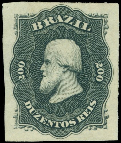 Brasil, 1876-77, Pedro II de Brasil, 200 reis. Retrato grabado por Charles Burt para la American Bank Note
