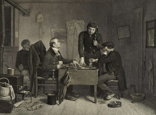 “Los jugadores de cartas”, óleo de Richard Caton Woodville grabado por Charles Kennedy Burt en 1850, 25.4 x 18.5  cm