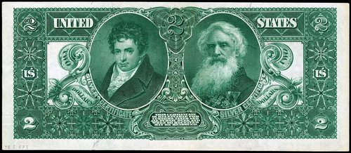 Reverso del billete educacional de 2 dólares de 1896. Fue diseñado este reverso por Thomas F. Morris, siendo los retratos obra de Charles Burt (Robert Fulton) y Charles Schlecht (Samuel Morse)