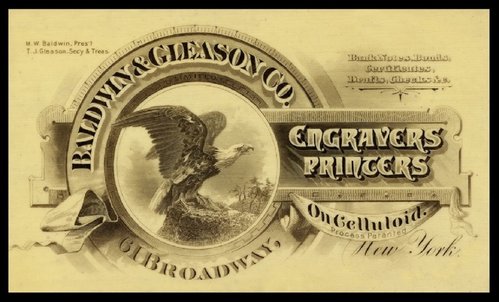 Tarjeta impresa en celuloide de la empresa “Baldwin &amp; Gleason”. Años ochenta del siglo XIX
