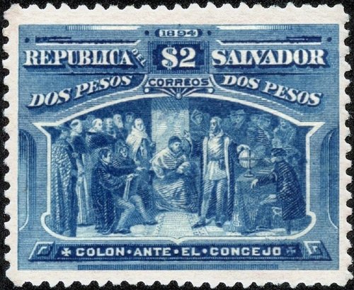 Uno de los sellos de Colón emitidos por El Salvador en 1894 y que Baldwin grabó por encargo de la Compañía Hamilton Bank Note, en sus años de artista independiente