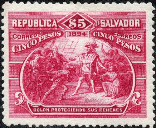El Salvador, 1894, Colón protegiendo sus rehenes. Sello grabado por Marcus Baldwin