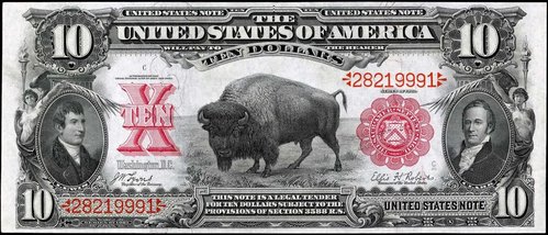Billete de Estados Unidos de 1901. Baldwin grabó la imagen del bisonte Pablo, a partir de un dibujo original de Charles R. Night. Los retratos laterales los grabó George F. C. Smillie