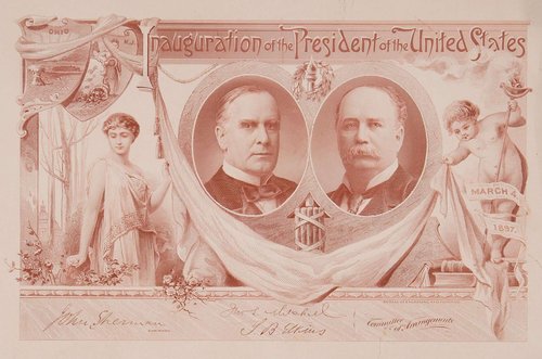 Pase para la Inauguración solemne del mandato presidencial de William McKinley, celebrada el 4 de marzo de 1897. Baldwin grabó el Cupido y otras partes del diseño ornamental de Thomas F. Morris. Los retratos de McKinley y Hobart los grabó George F. C. Smillie