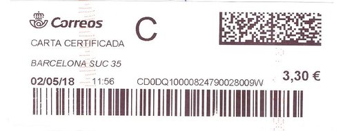 Etiqueta térmica digital. Nueva. Barcelona Suc 35. Carta certificada. 2018-05-02. 11.56. 4x10. 3,30 euros.jpeg