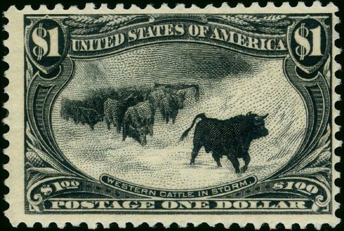 Estados Unidos, 1898, Exposición Trans-Mississippi, Omaha. Ganado bajo la tormenta, inspirado en una obra de John A. MacWhirter (“The vanguard”). Diseño de Raymond Ostrander Smith y grabado de Marcus Baldwin. Cifras y letras grabadas por Douglas S. Ronaldson