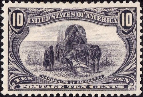 Estados Unidos, 1898, Exposición Trans-Mississippi, Omaha. Penurias de la emigración, inspirado en una pintura de Augustus Goodyear Heaton (“Hardships of emigration”). Diseño de Raymond Ostrander Smith y grabado de Marcus Baldwin. Cifras y letras grabadas por Douglas S. Ronaldson