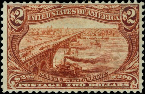 Estados Unidos, 1898, Exposición Trans-Mississippi, Omaha. Puente sobre el río Mississippi, inspirado en la ilustración de un ticket de 1896. Diseño de Raymond Ostrander Smith y grabado de Marcus Baldwin. Cifras y letras grabadas por Douglas S. Ronaldson