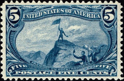 Estados Unidos, 1898, Exposición Trans-Mississippi, Omaha. John. C. Frémont sobre las montañas rocosas, posiblemente inspirado en un grabado de J. W. Orr. Diseño de Raymond Ostrander Smith y grabado de Marcus Baldwin. Cifras y letras grabadas por Douglas S. Ronaldson