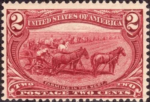 Estados Unidos, 1898, Exposición Trans-Mississippi, Omaha. Agricultura en el Oeste, inspirado en una fotografía realizada en Dakota del Norte en 1888. Diseño de Raymond Ostrander Smith y grabado de Marcus Baldwin. Cifras y letras grabadas por Douglas S. Ronaldson
