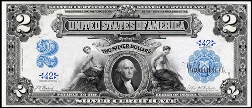 George F. C. Smillie encontró enseguida en Baldwin un colega diestro y servicial. En este billete de 1899, Smillie grabó el retrato de Washington y Baldwin las figuras alegóricas