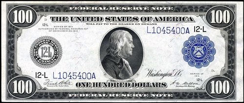 Anverso del billete de 100 dólares, cuyo retrato de Franklin grabó Baldwin