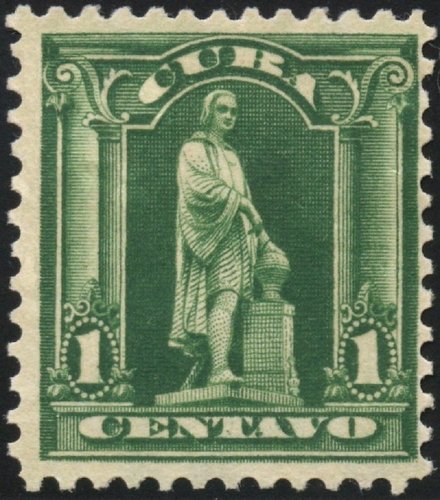 Cuba, 1899, Ocupación norteamericana, Estatua de Colón. Viñeta grabada por Marcus Baldwin
